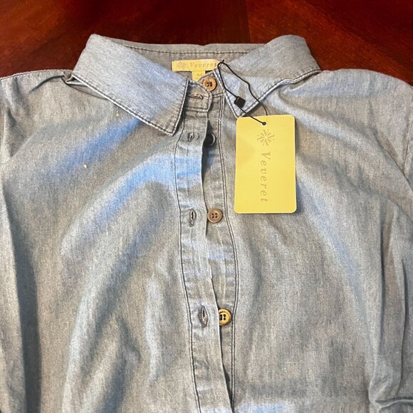 Asymmetrical Ruffle Hem Button-Down Chambray Tunic Top Women Veeveret - Picture 3 of 5